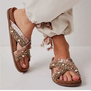 Free People Rose Gold Embellished Crisscross Slide Sandals